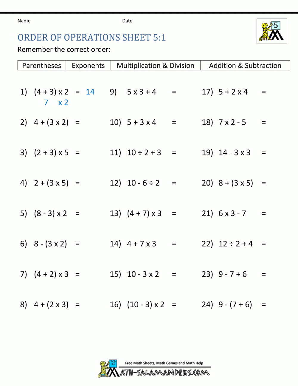 Order Of Operations Sample Problems