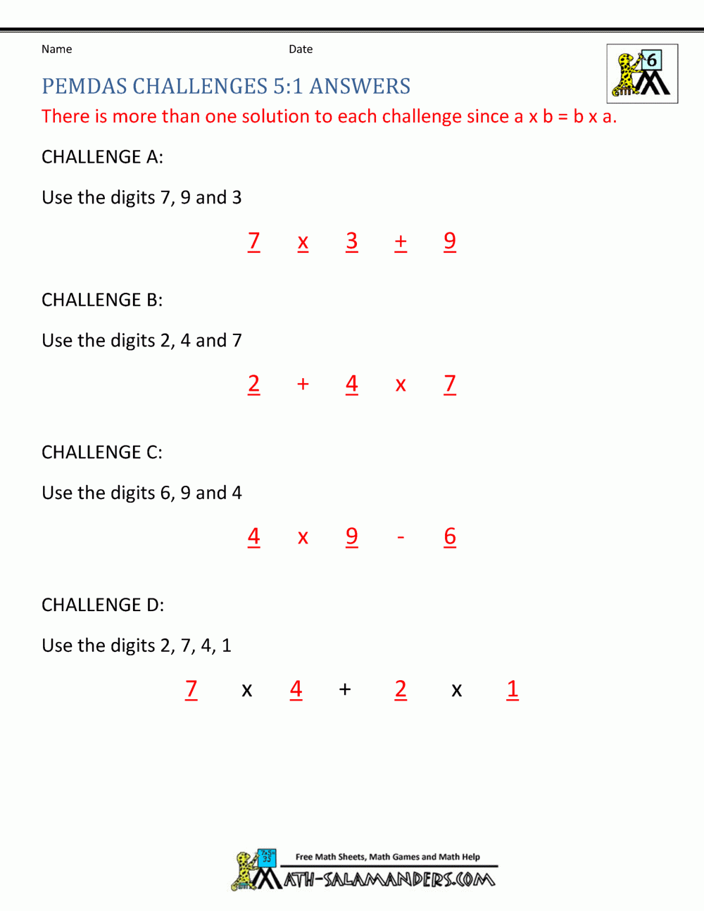 pemdas problems with answers