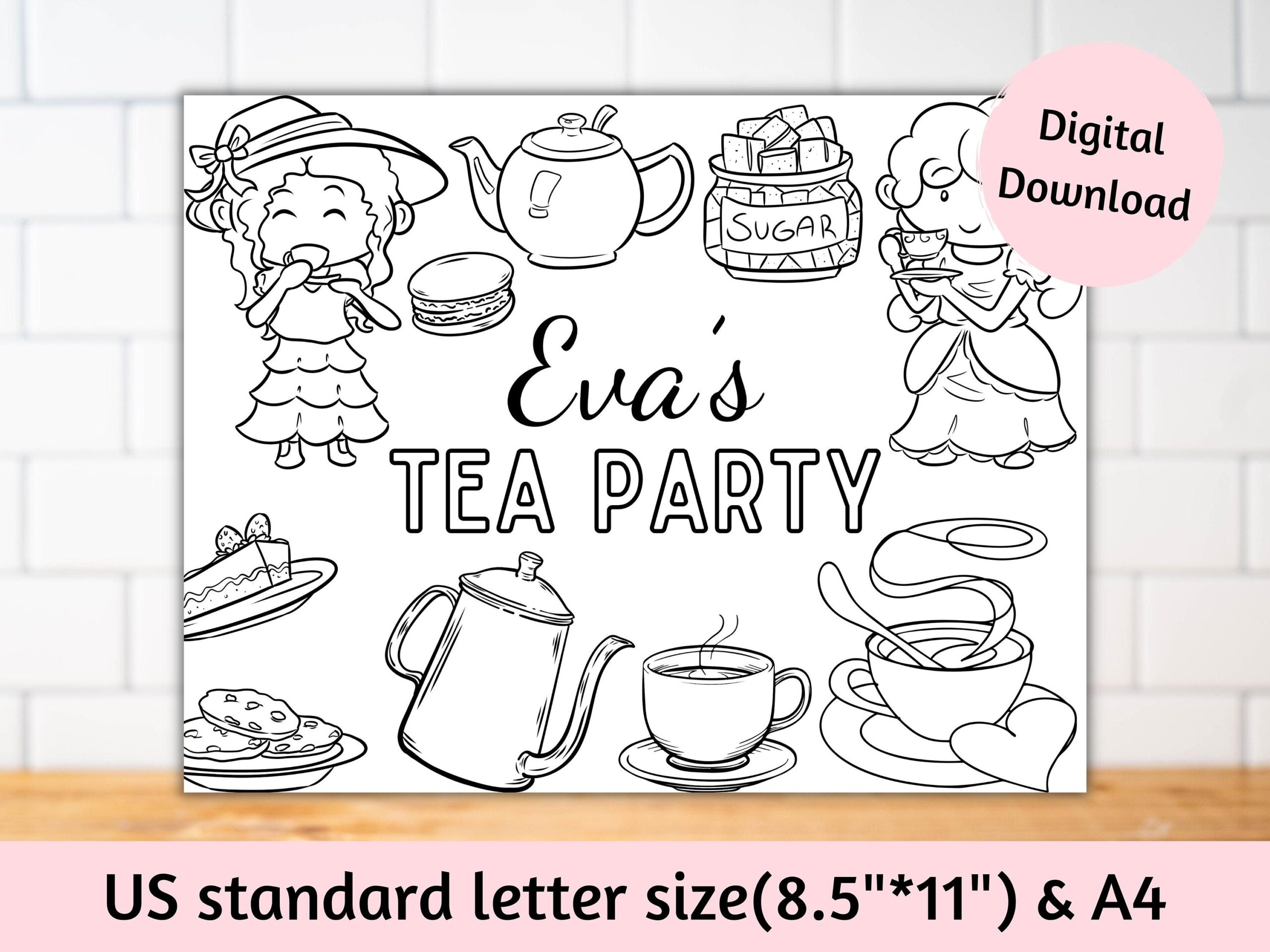 Personalized Tea Party Coloring Page For Kids Tea Party Favors Tea Party Activity Sheet Printable Games Tea Party Placemats For Kids Etsy