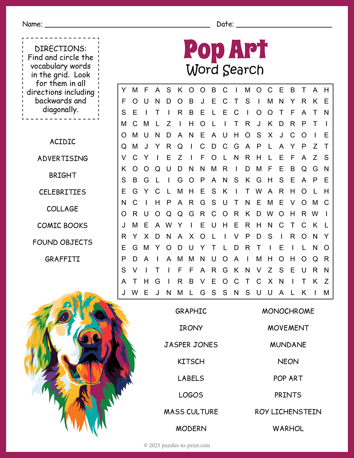art word search puzzles