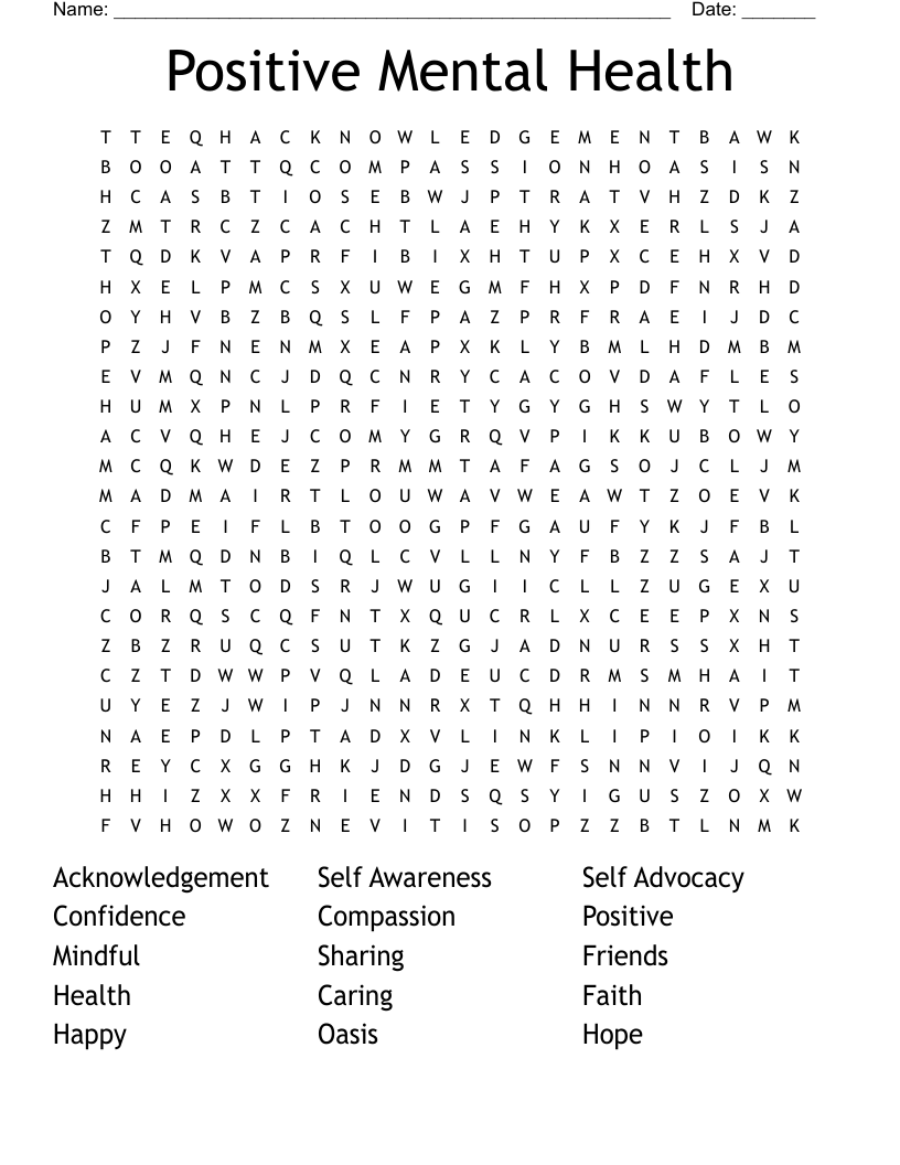 Positive Mental Health Word Search WordMint