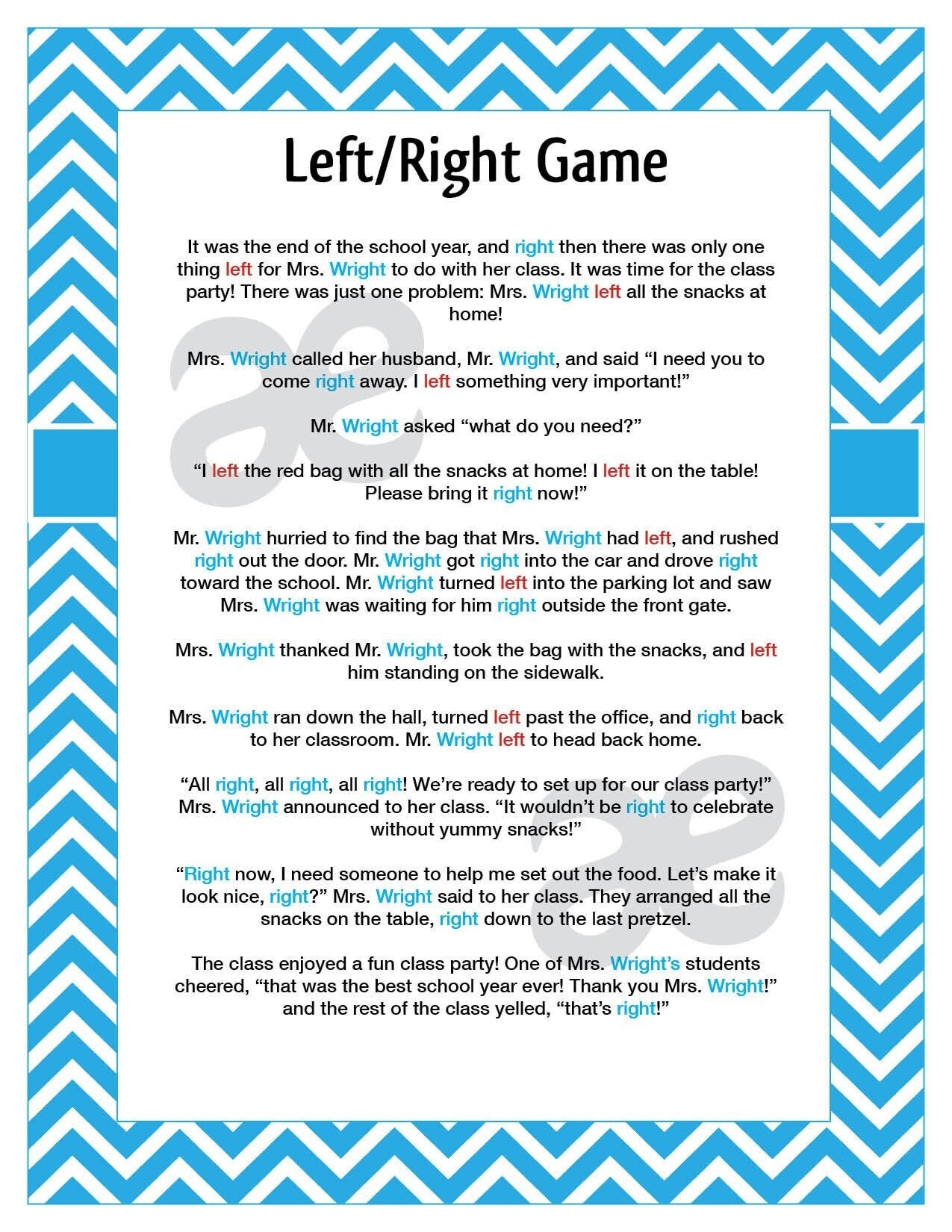 Printable End Of School Game Left Right Game Instant Download Teal Chevron Etsy