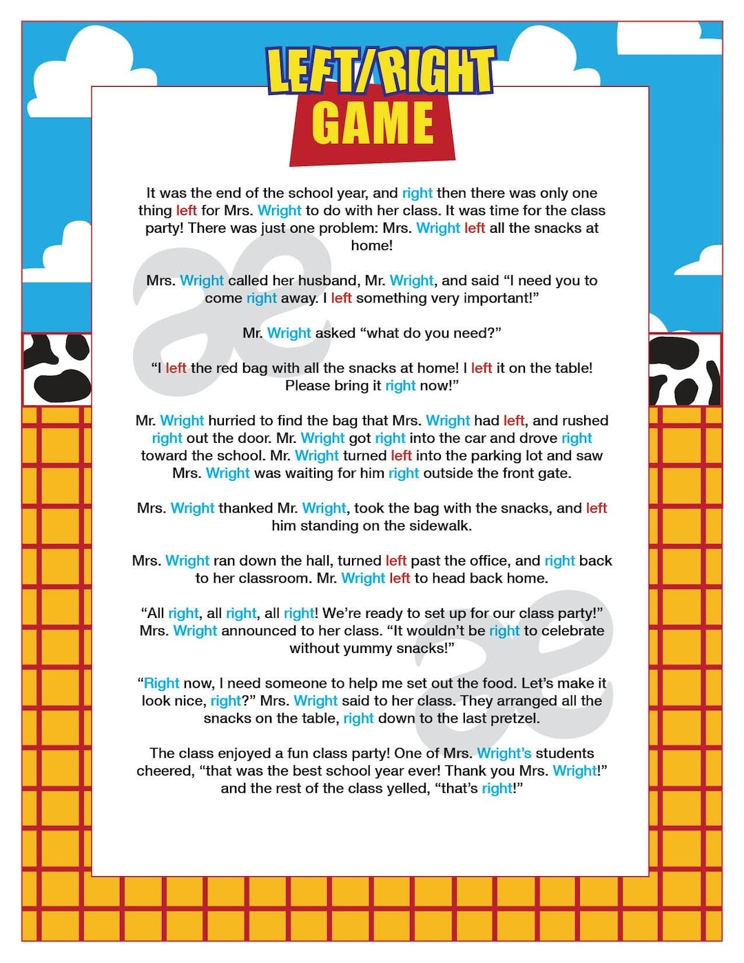 Printable End Of School Game Left Right Game Instant Download Toy Story Etsy