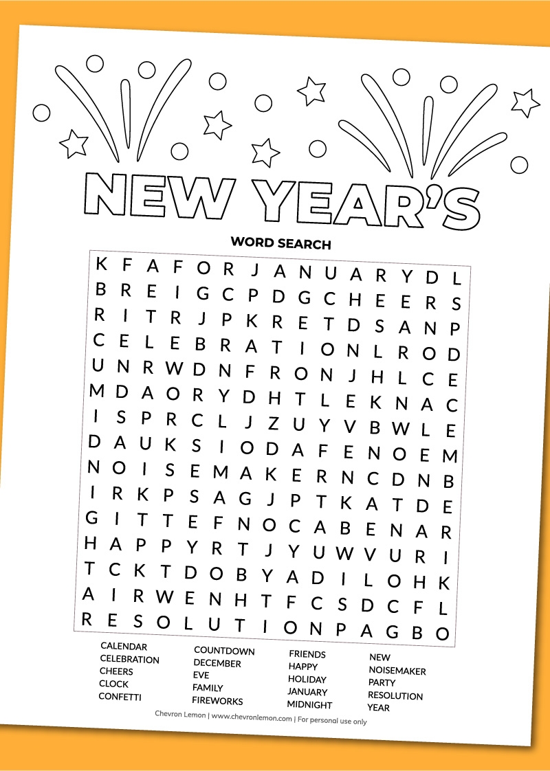 Printable New Year s Word Search Chevron Lemon
