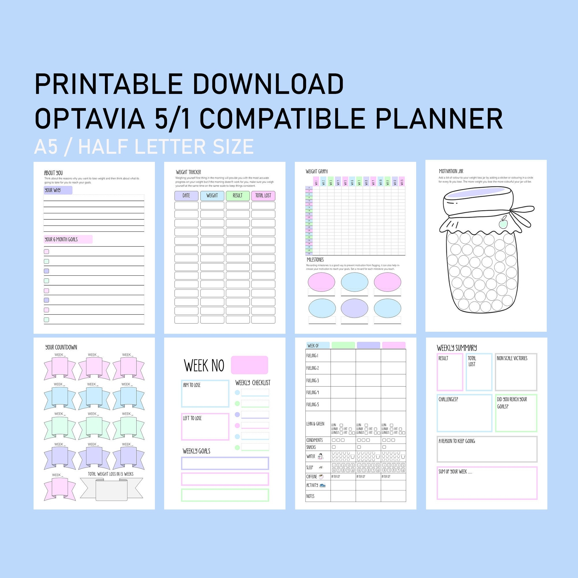 Printable Optavia 5 1 Food Diary Weight Loss Tracker a5 half Letter digital Download Etsy