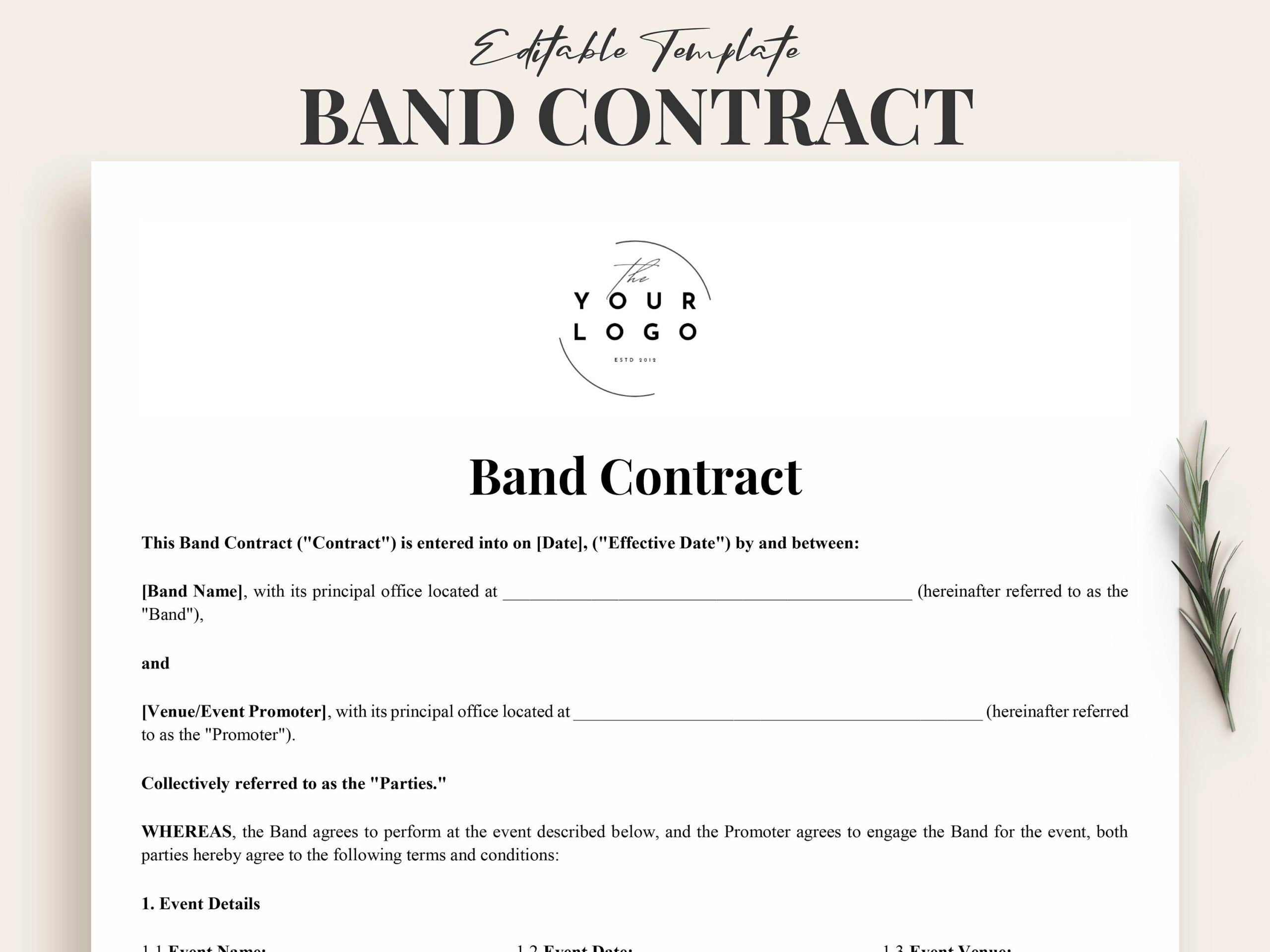 Professional Band Contract Template Customizable Musicians Agreement For Gigs And Events Legal Music Performance Contract Form Etsy