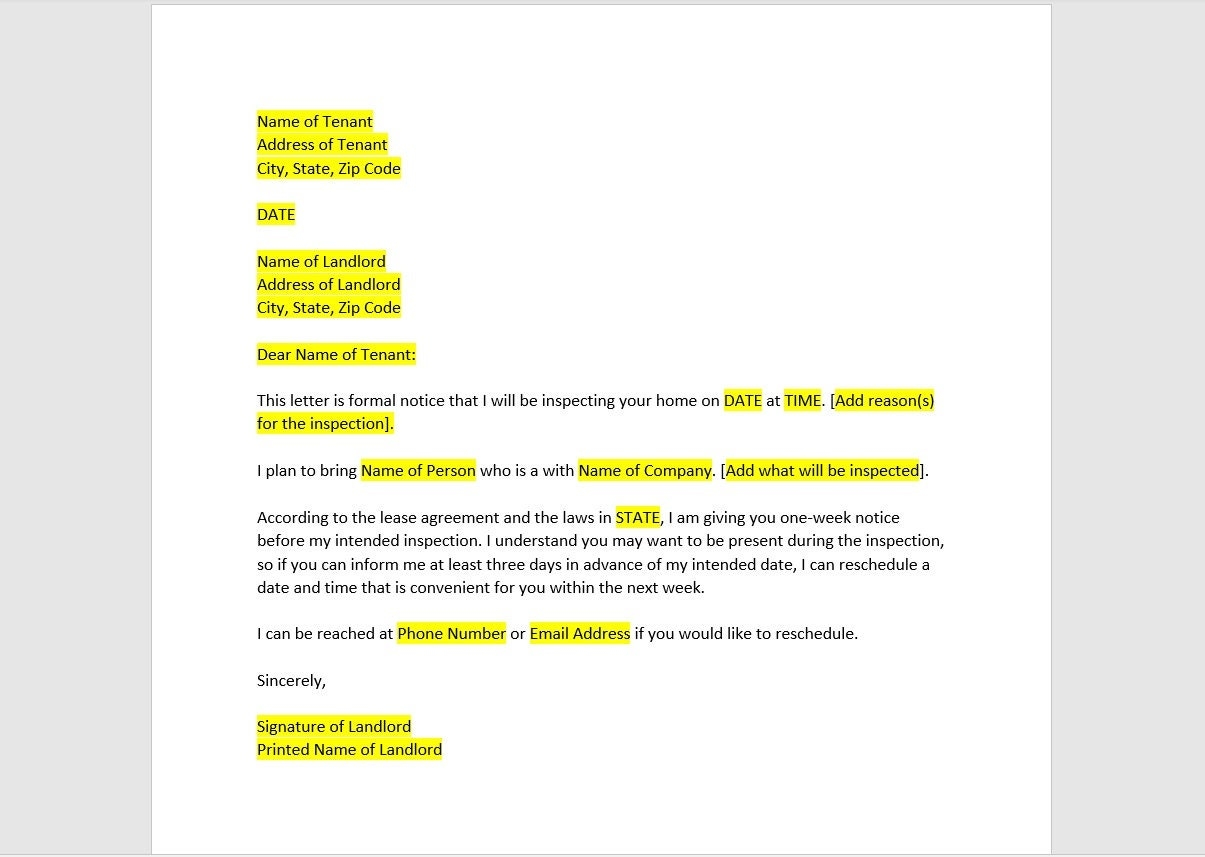 Property Inspection Letter Template Property Inspection Letter Property Inspection Template New Tenant Letter Word Template Etsy