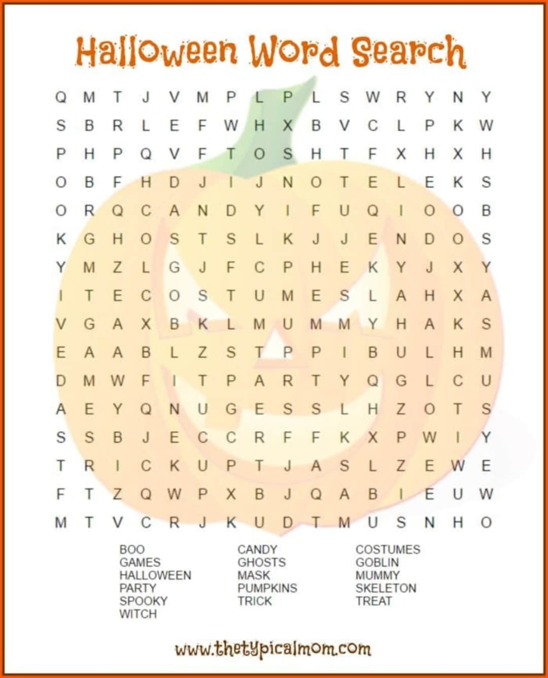 Pumpkin Halloween Word Search Printable Etsy Israel