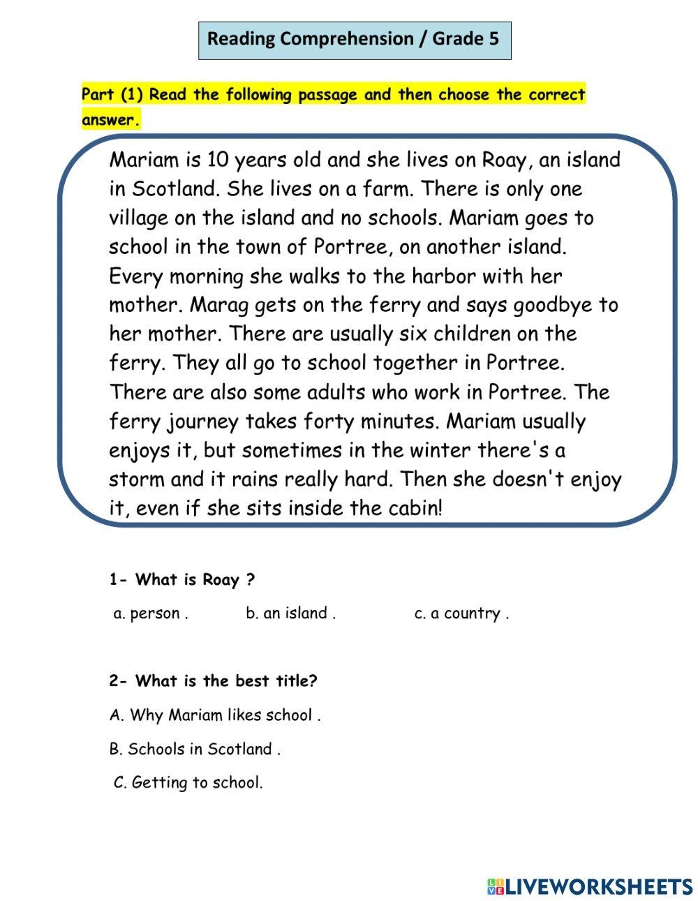 reading worksheets for 5th graders