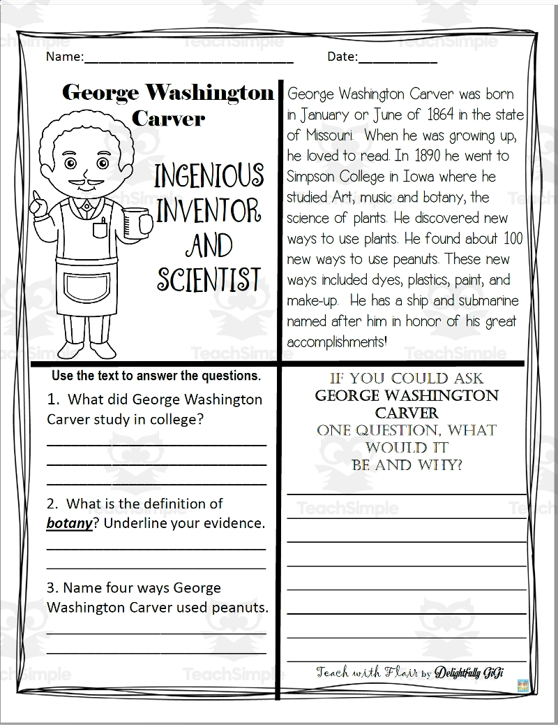 Reading Comprehension For Black History Month George Washington Carver By Teach Simple