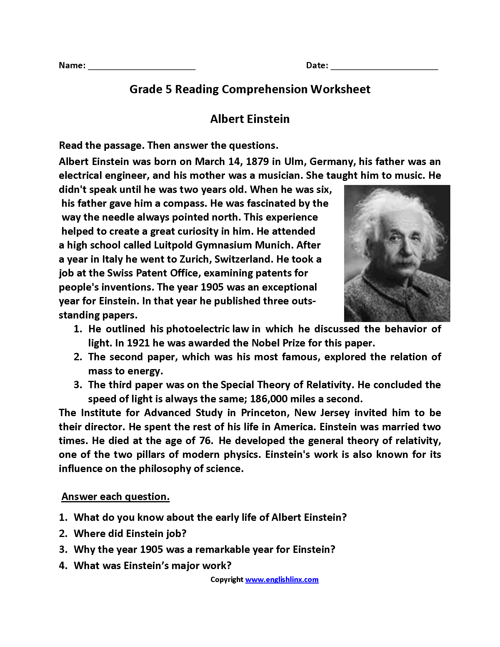 5th grade reading worksheets