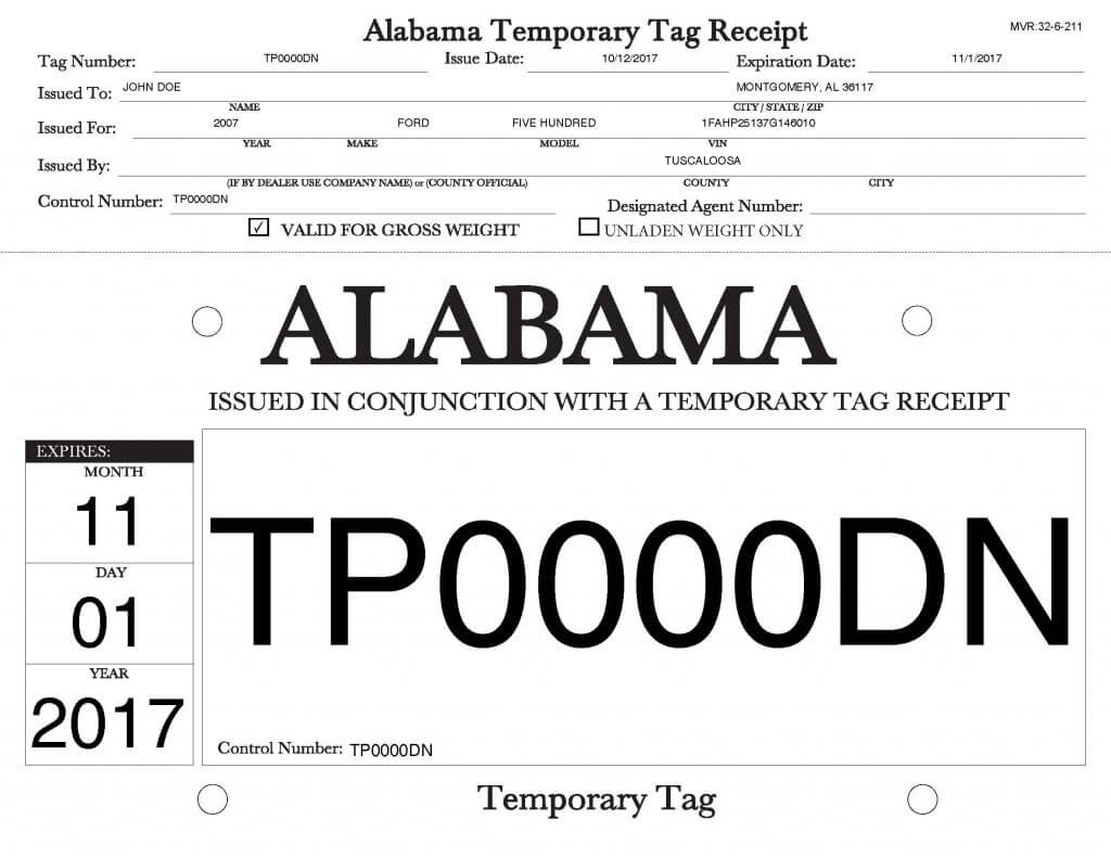 Sample Temporary Tag Issued By Licensing Officials And Other Designated Agents manufacturers Alabama Department Of Revenue