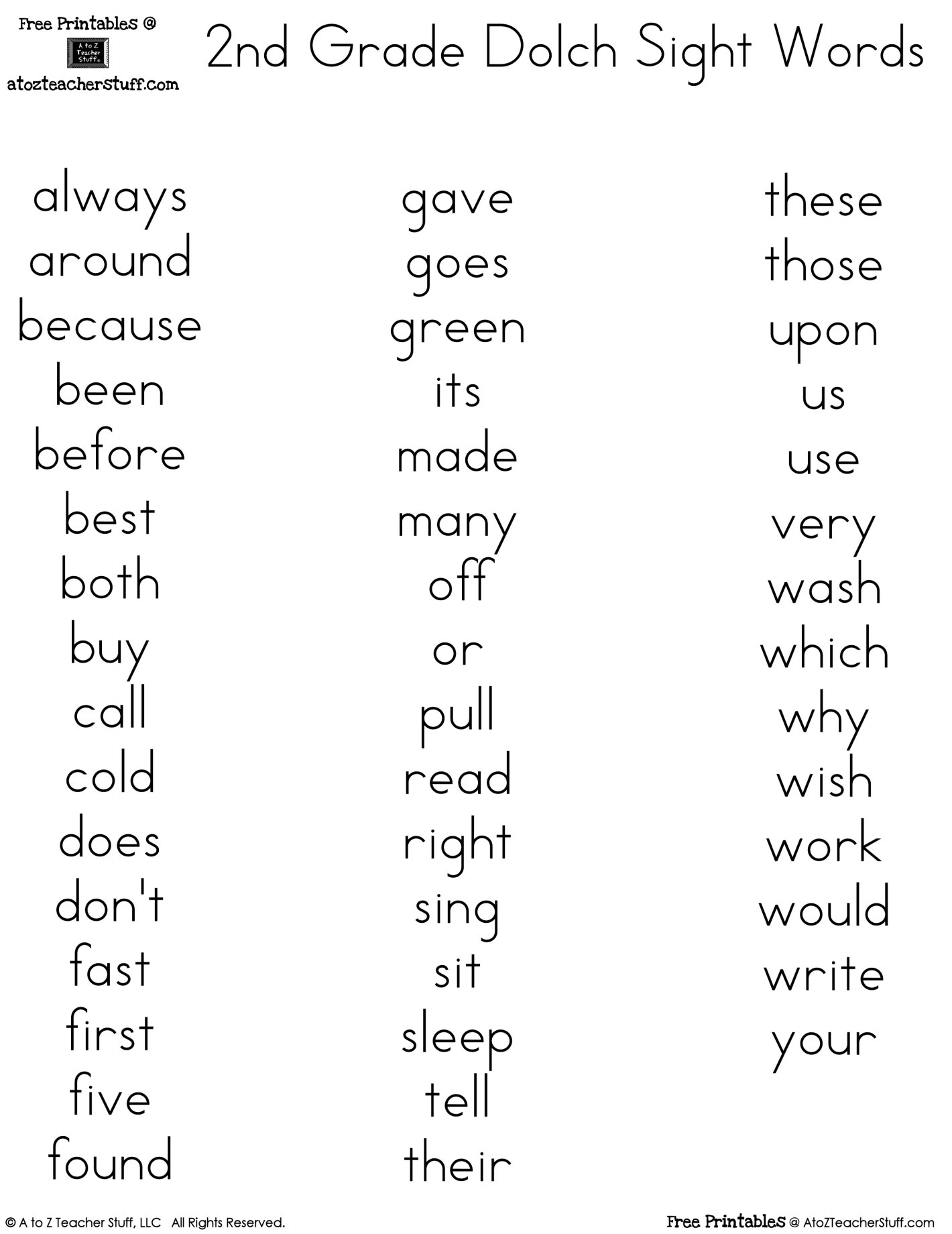Dolch Sight Word List