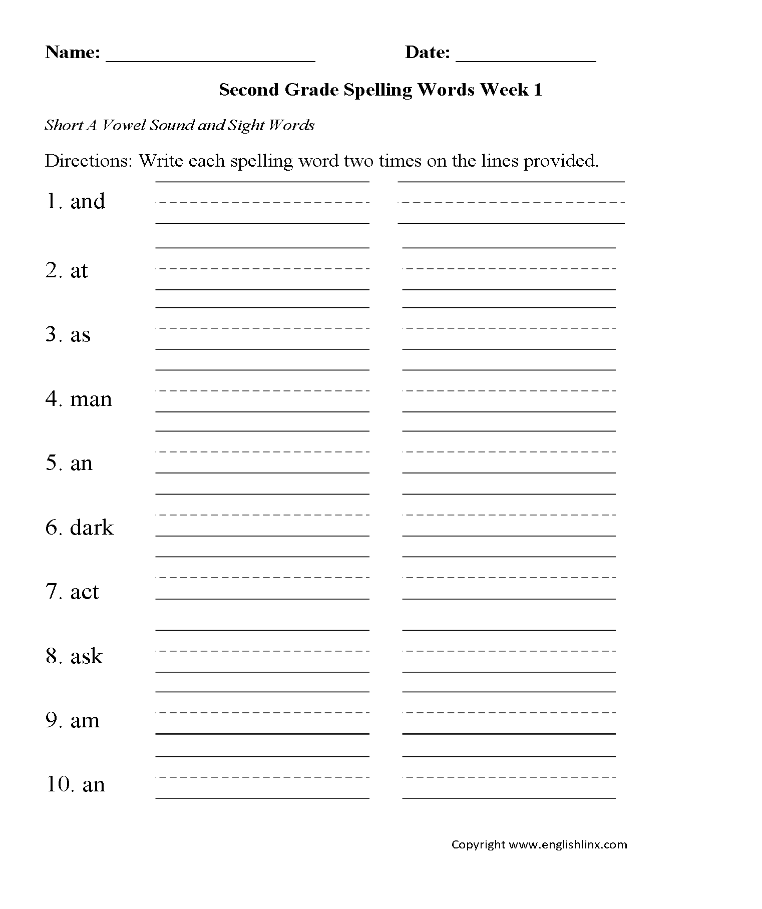 Second Grade Spelling Worksheets Free Word Lists Printable Practice