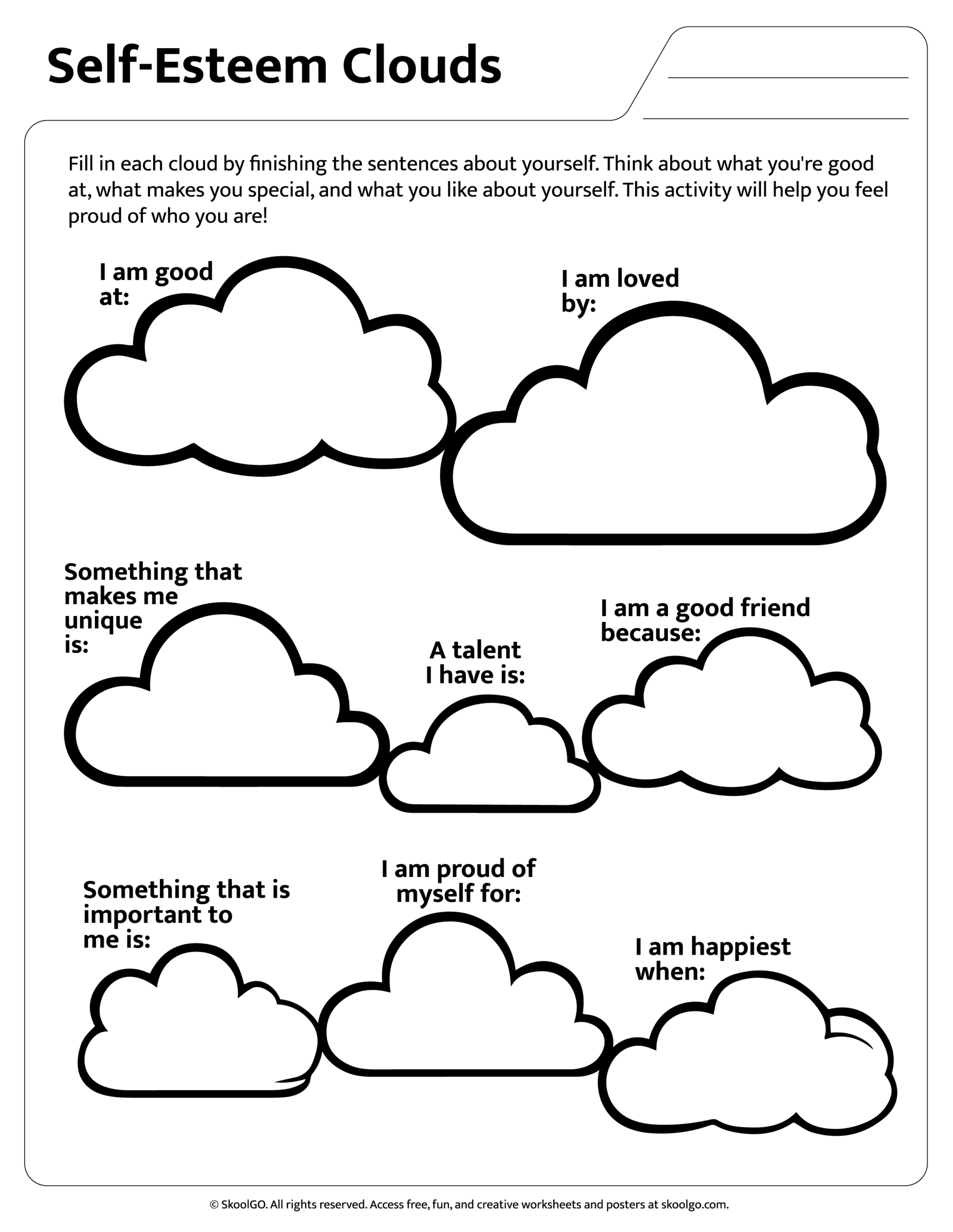 Self Esteem Clouds Free Printable For Grades 1 3 SKOOLGO Self Esteem Clouds Free Printable For Grades 1 3 SKOOLGO