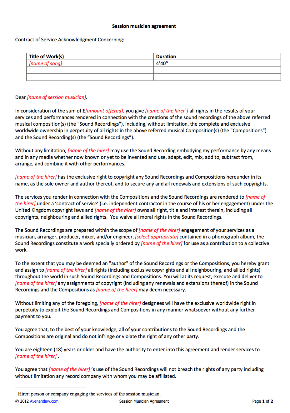 Session Musician Work For Hire Contract Template