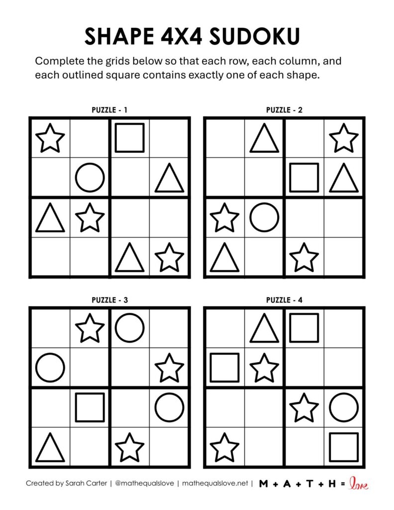 Shape Sudoku Puzzles 4x4 Free Printable PDF 
