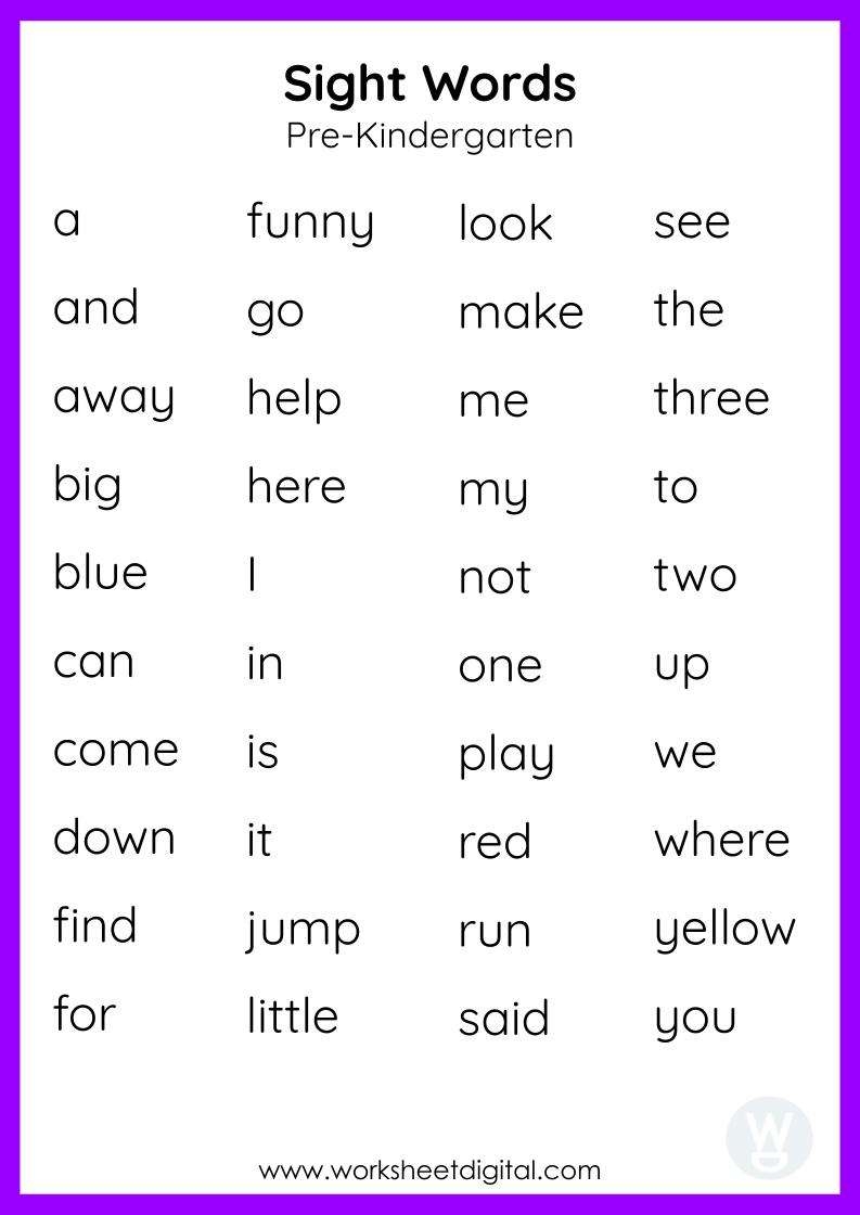 pre k dolch words