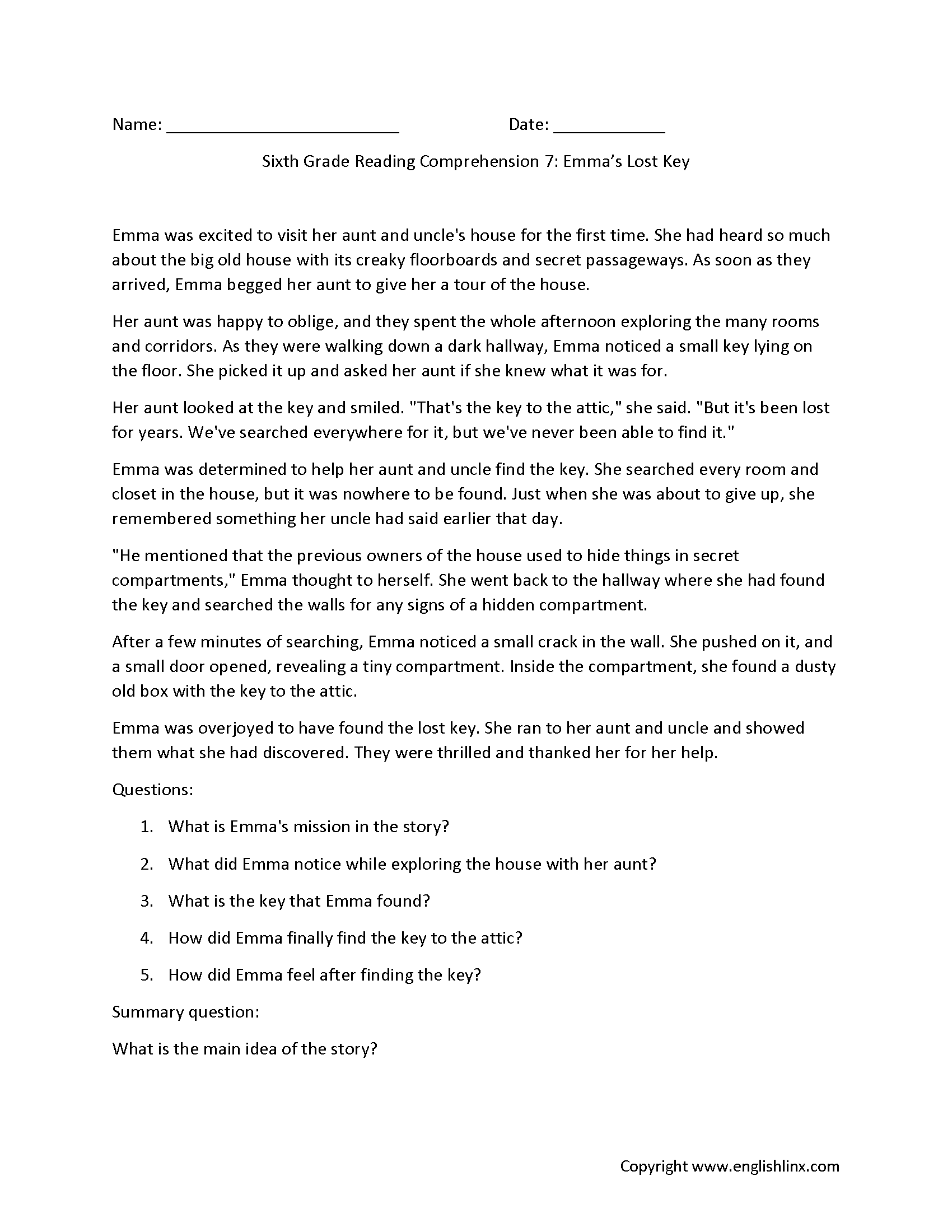 Sixth Grade Reading Comprehension Worksheets Free Printable 6th Grade Reading Passages