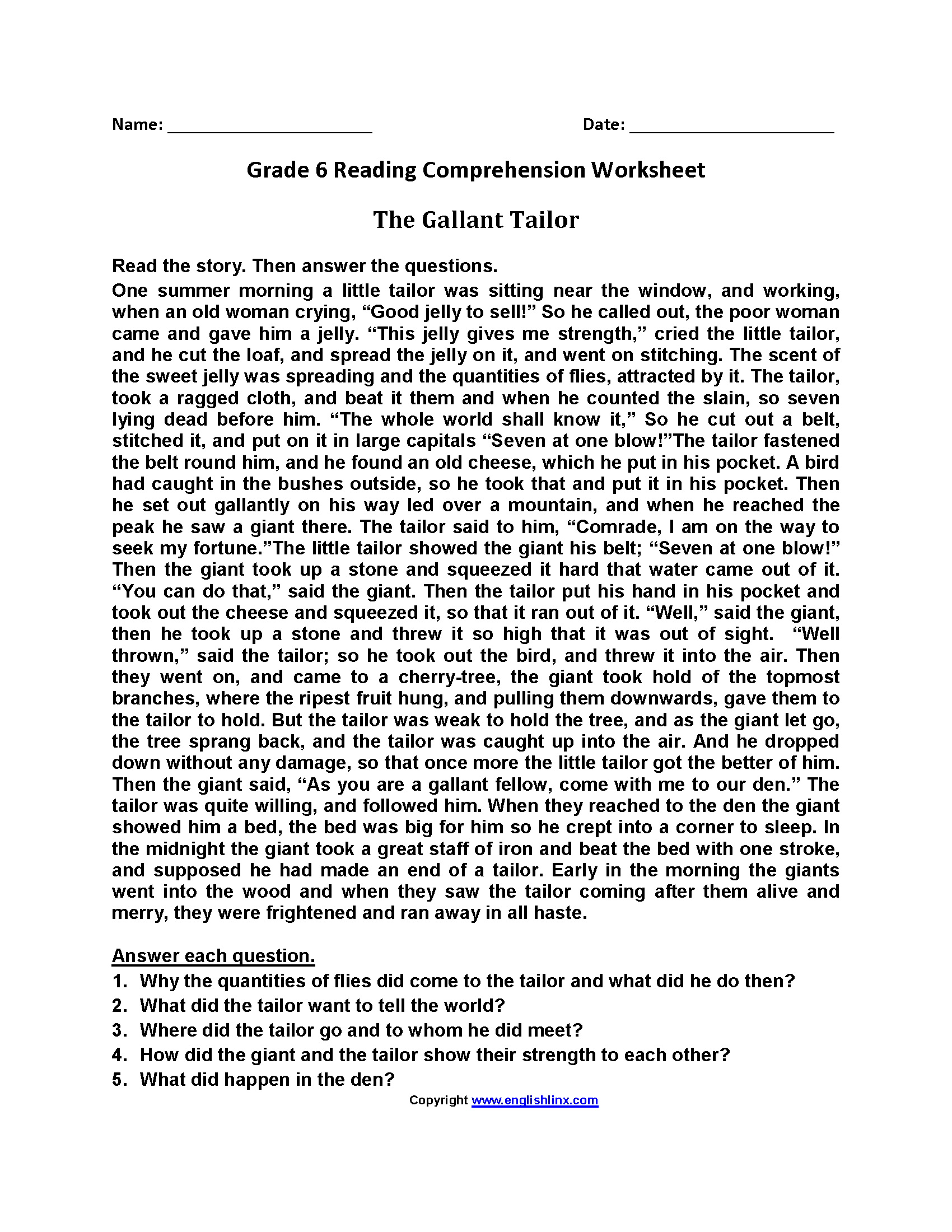 Reading Comprehension Worksheets Grade 6