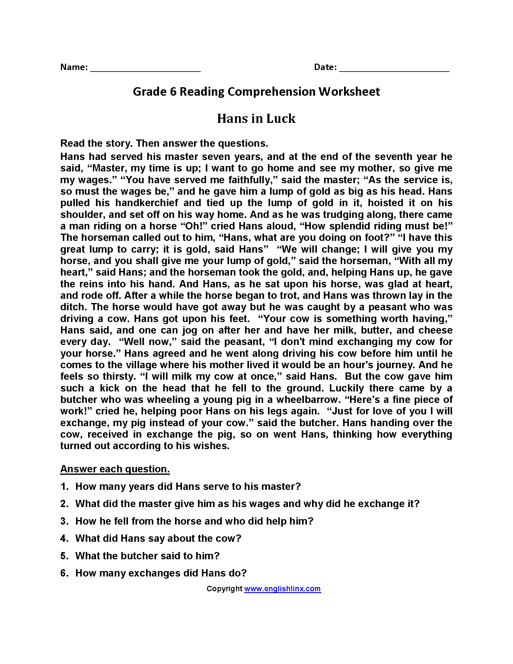 6th Grade Comprehension Worksheets