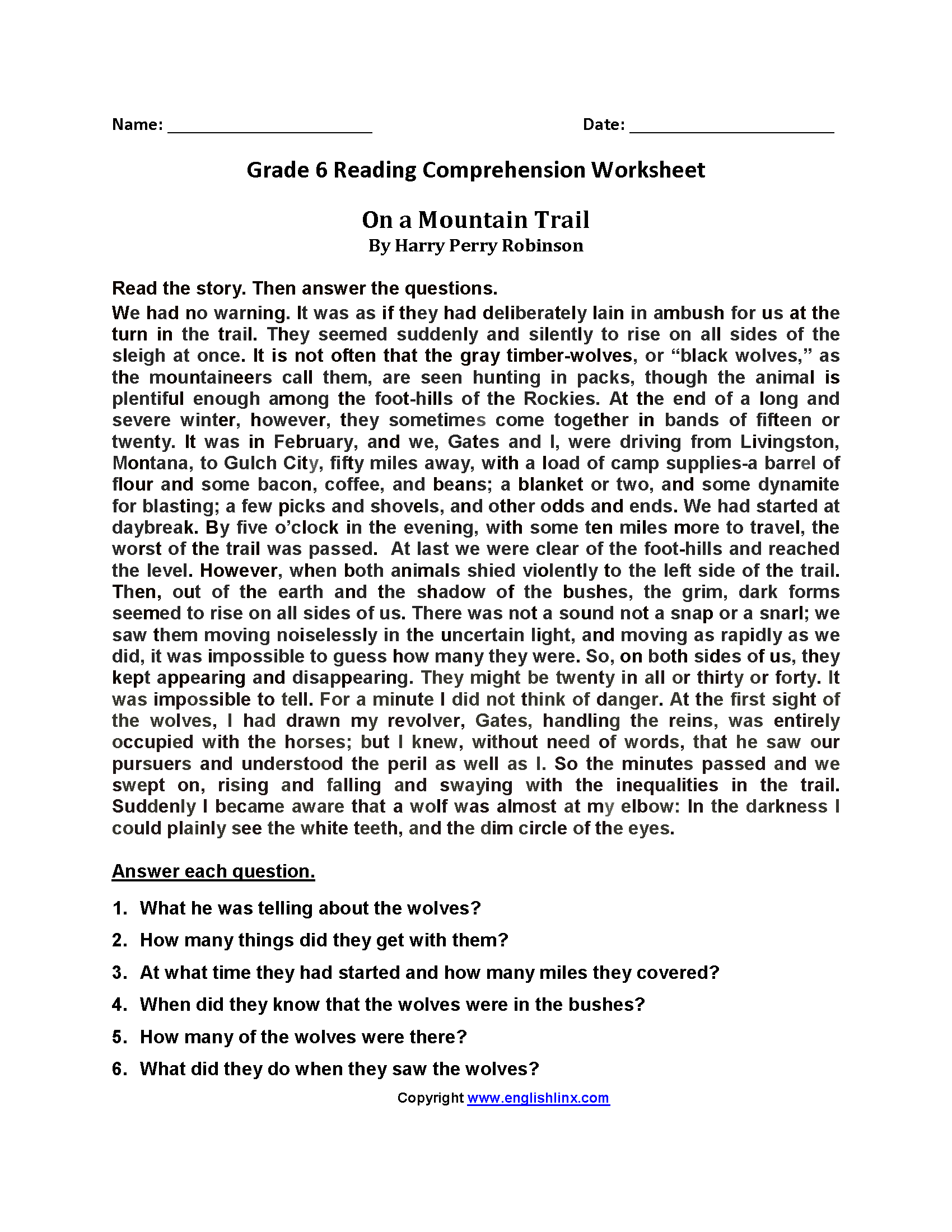 6th Grade Reading Comprehension Test