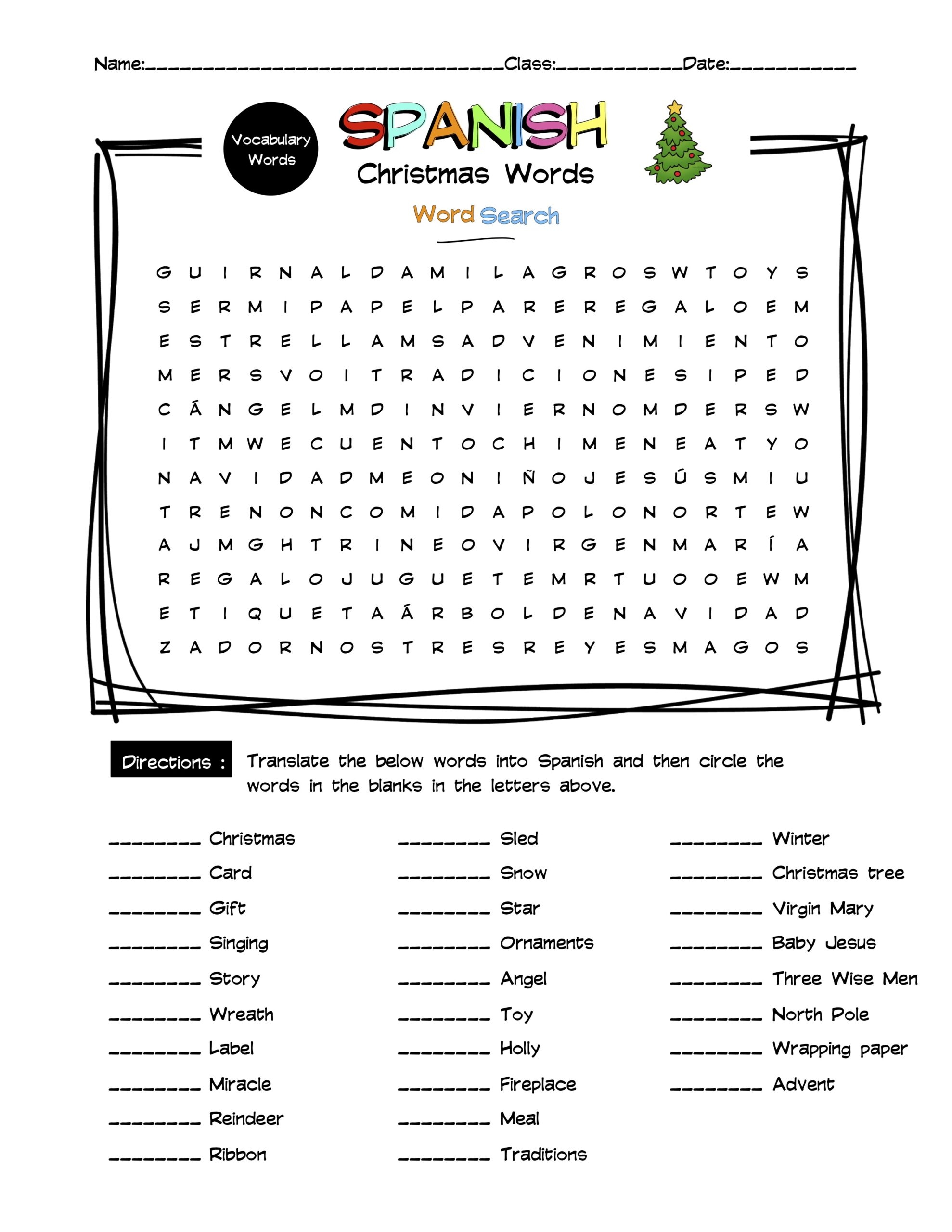 Spanish Christmas Vocabulary Word Search Answer Key Made By Teachers