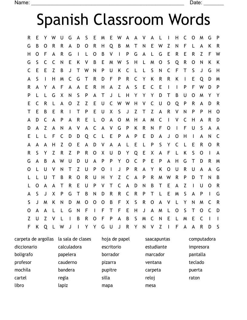 Spanish Classroom Words Word Search WordMint