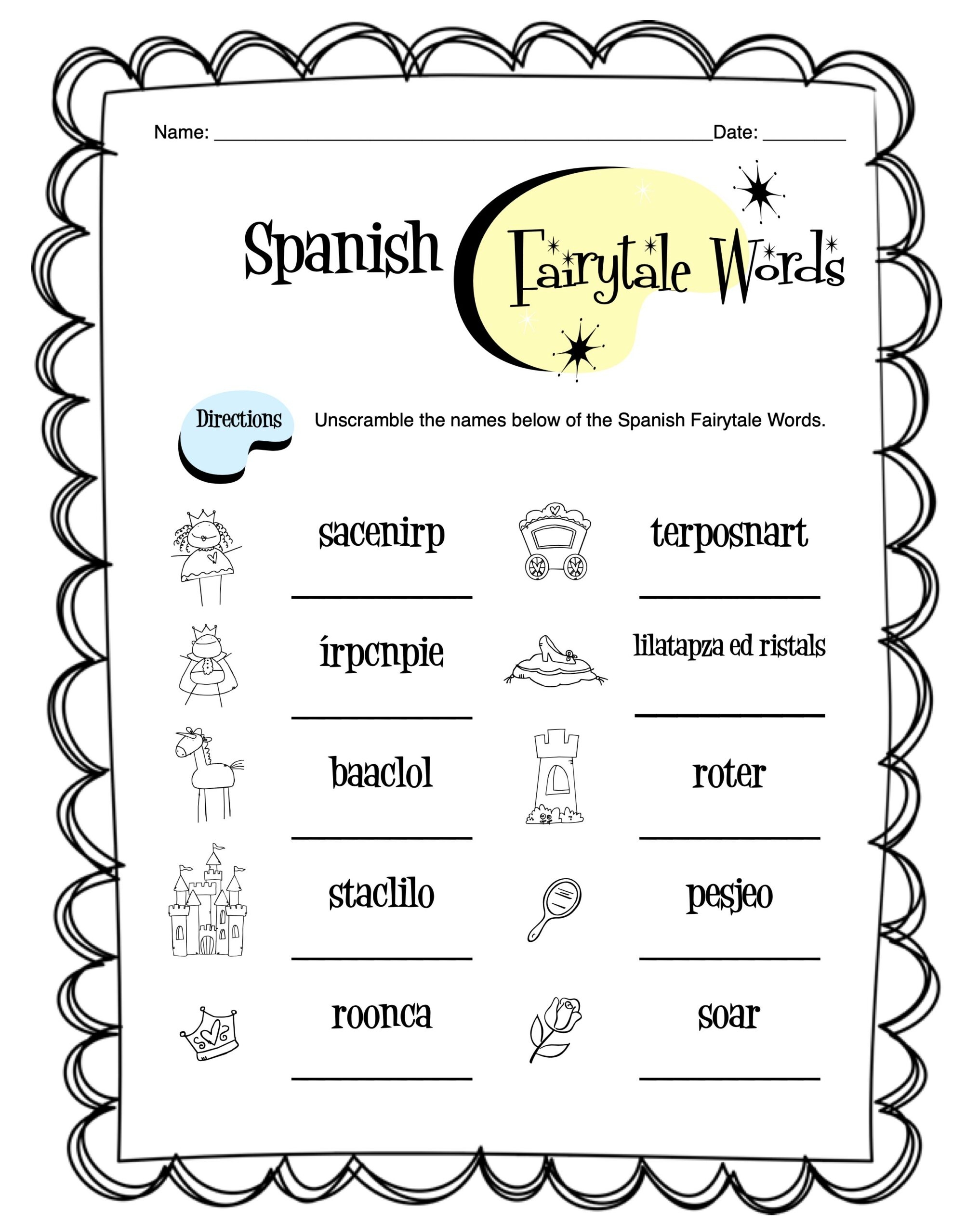 Spanish Fairy Tale Words Worksheet Packet Made By Teachers