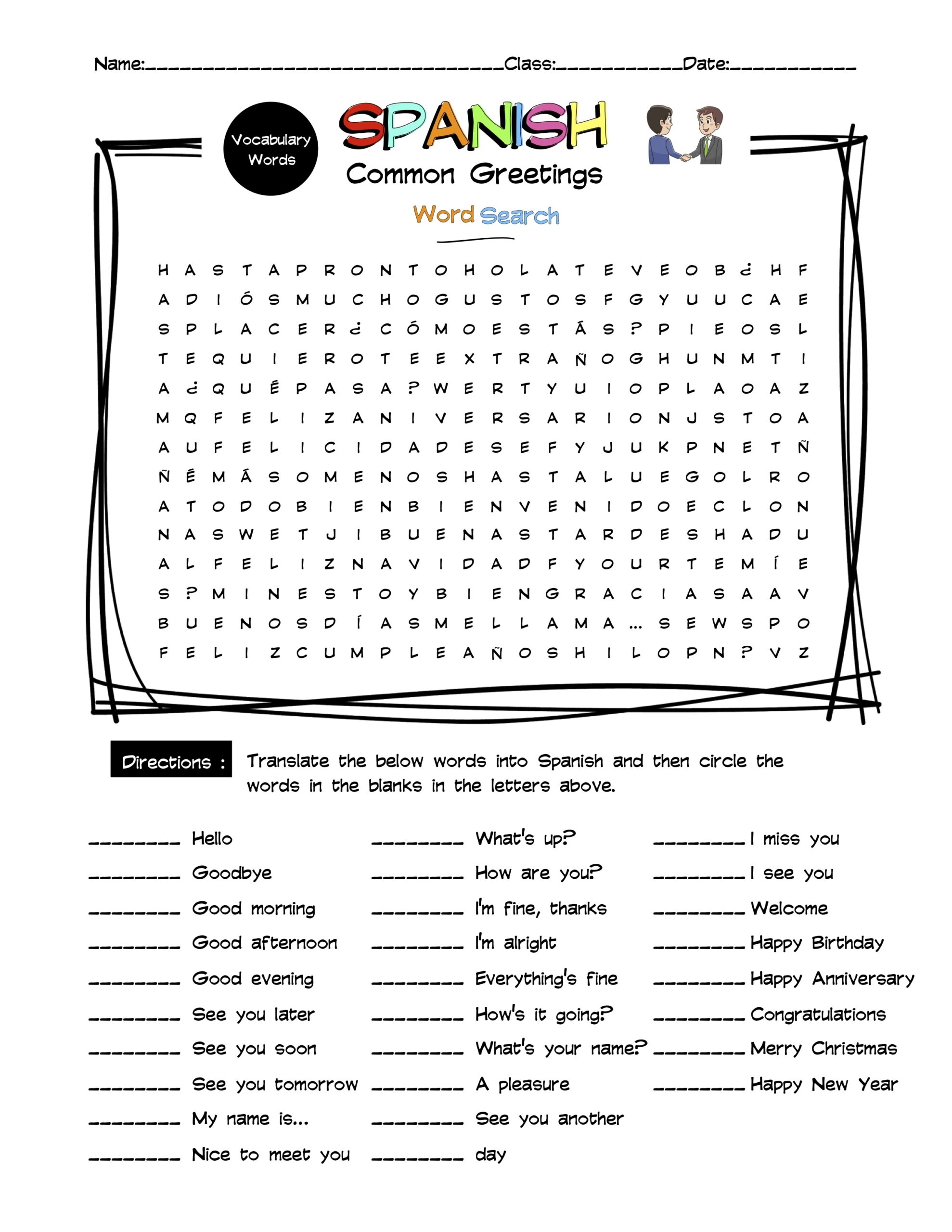 Spanish Greetings Vocabulary Word Search Answer Key Made By Teachers