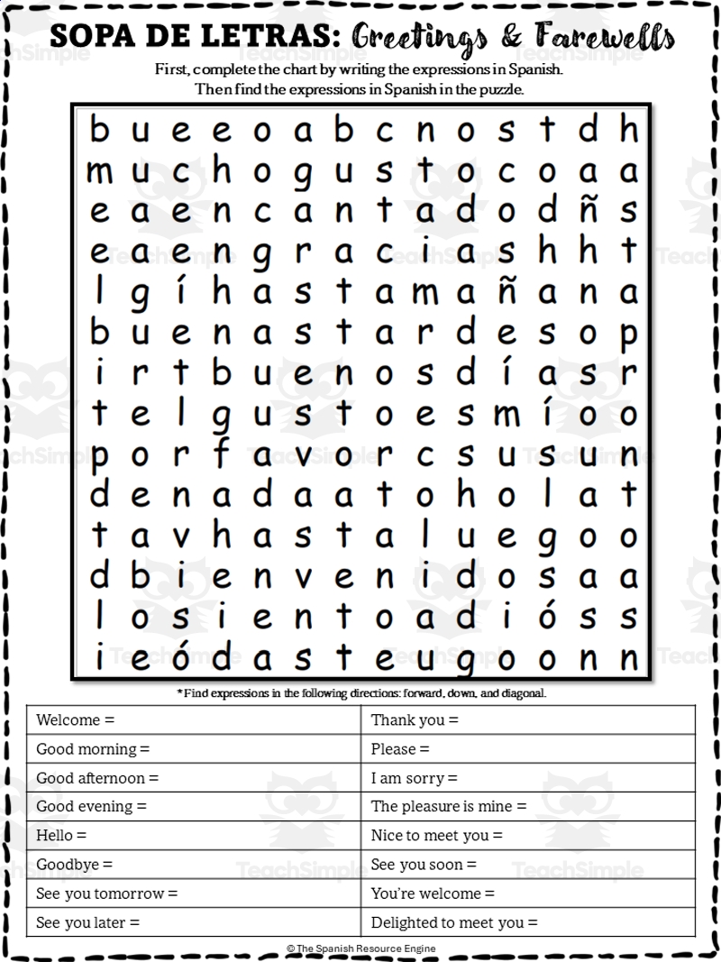 Spanish Greetings Word Search And Categories By Teach Simple
