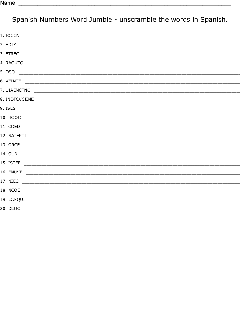 Spanish Numbers Word Jumble Unscramble The Words In Spanish WordMint