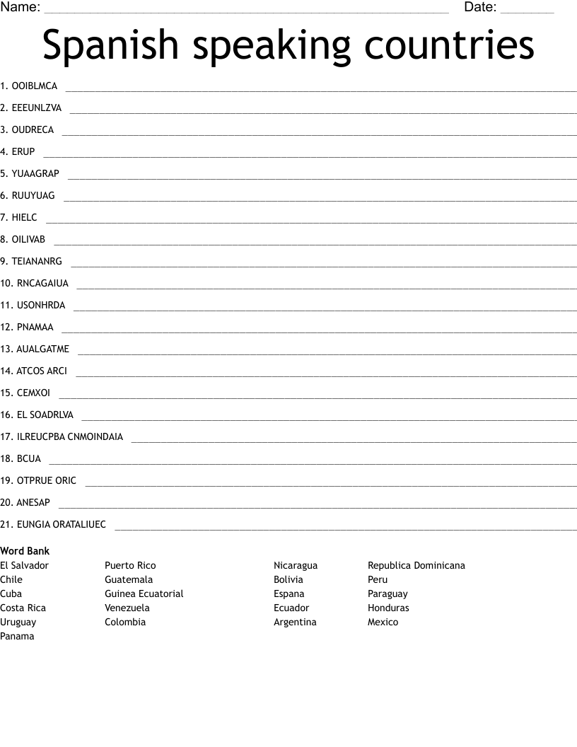 Spanish Speaking Countries Word Scramble WordMint