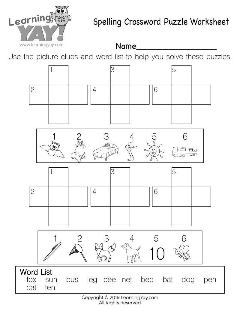 Crossword Puzzles For 1st Graders