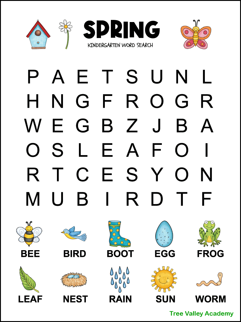 Word Search For Kindergarteners