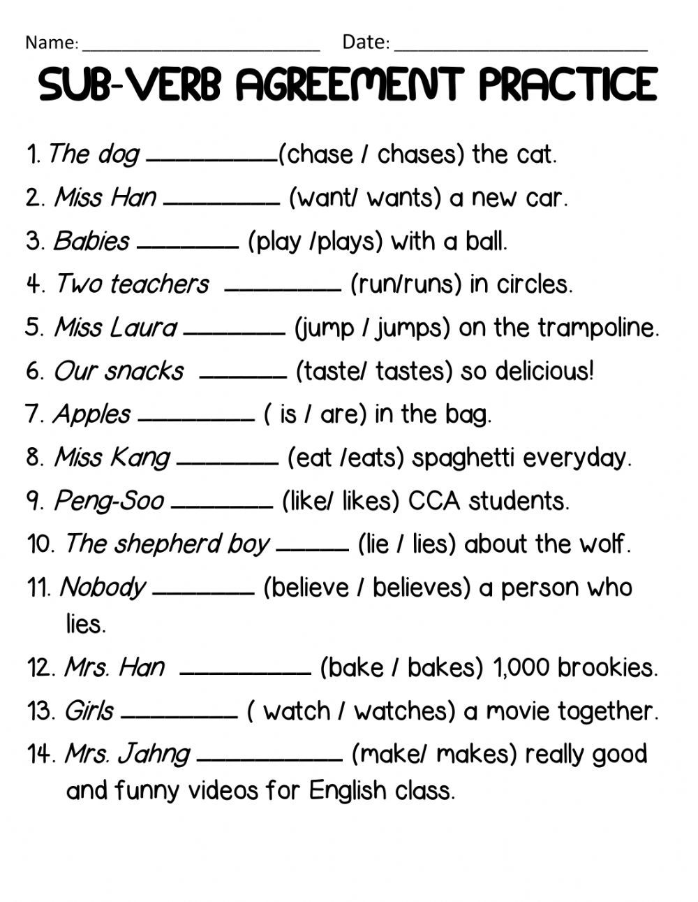 Sub Verb Agreement Practice Worksheet Subject And Verb Subject Worksheets Library