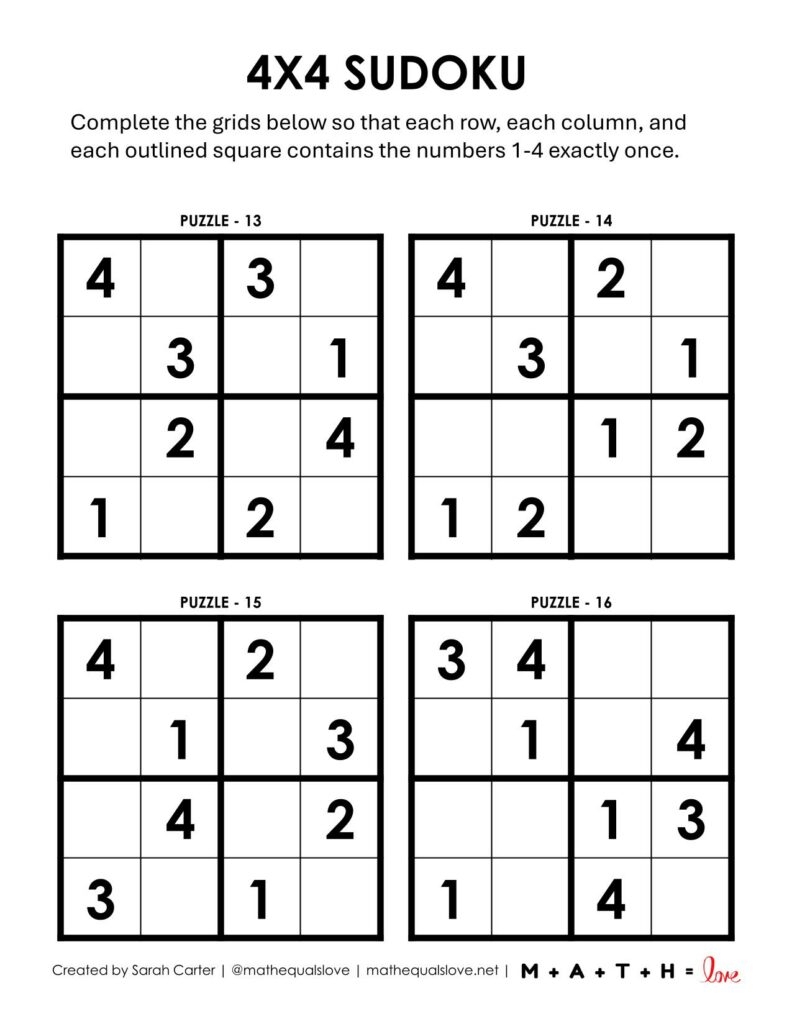 Sudoku 4x4 Puzzles Free Printable PDFs 