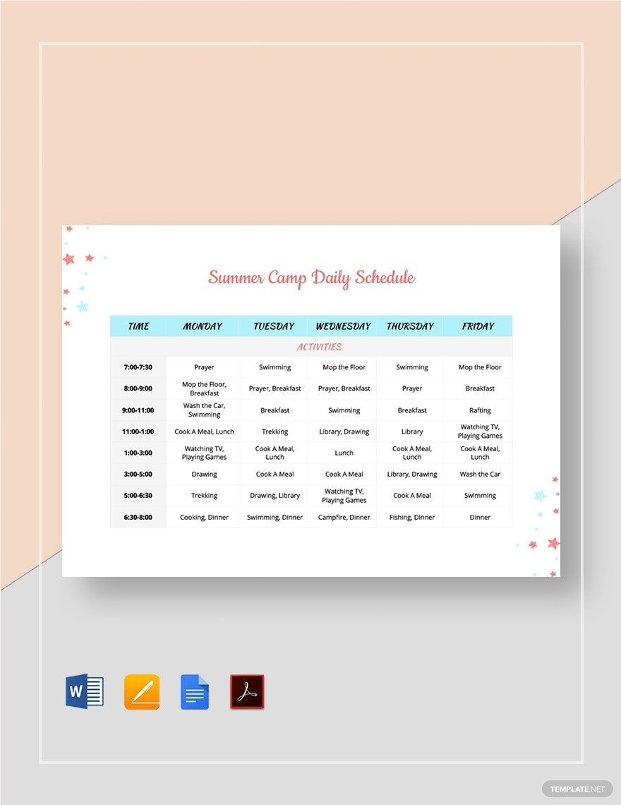 Summer Camp Daily Schedule Template In Word Pages Google Docs PDF Download Template