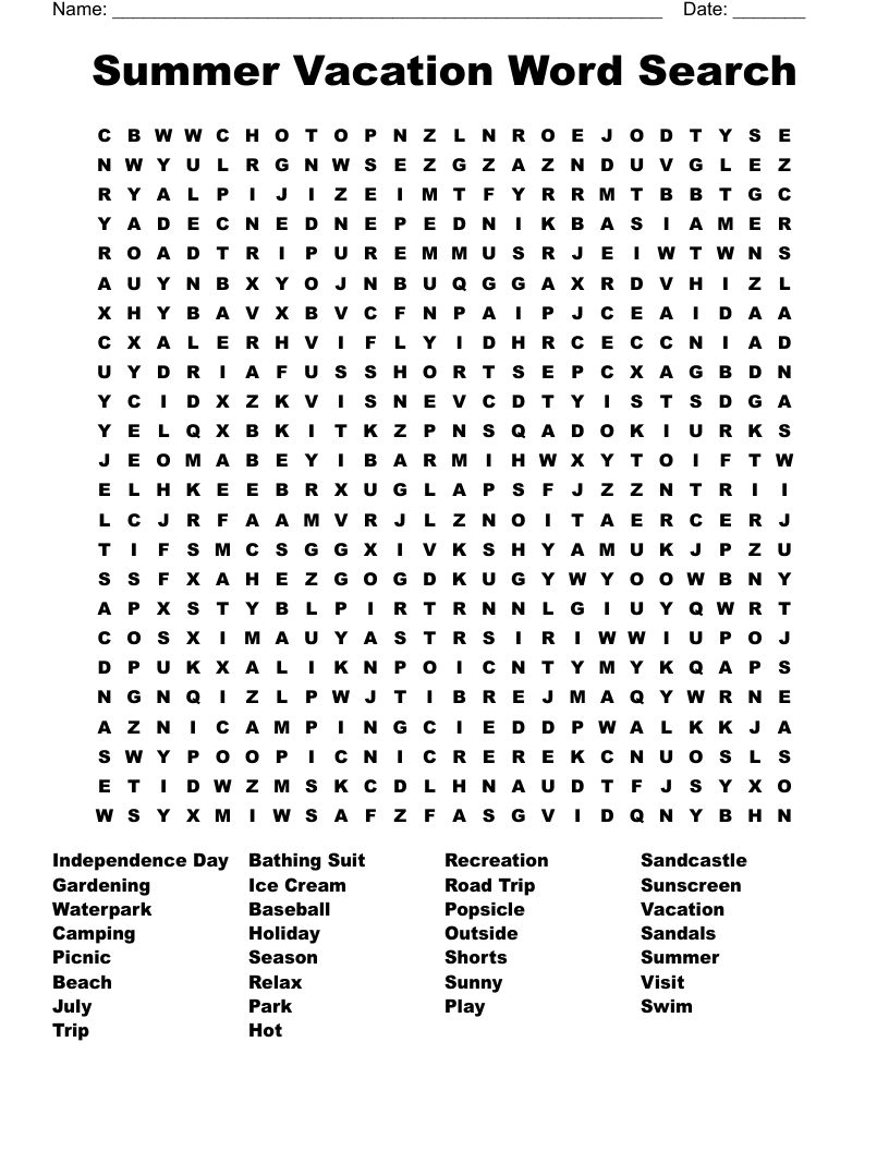 Summer Vacation Word Search WordMint