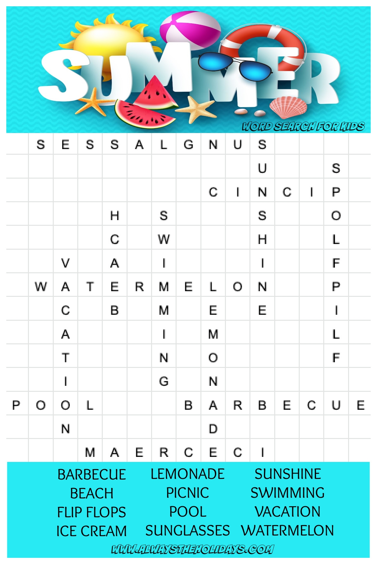 word search printable summer