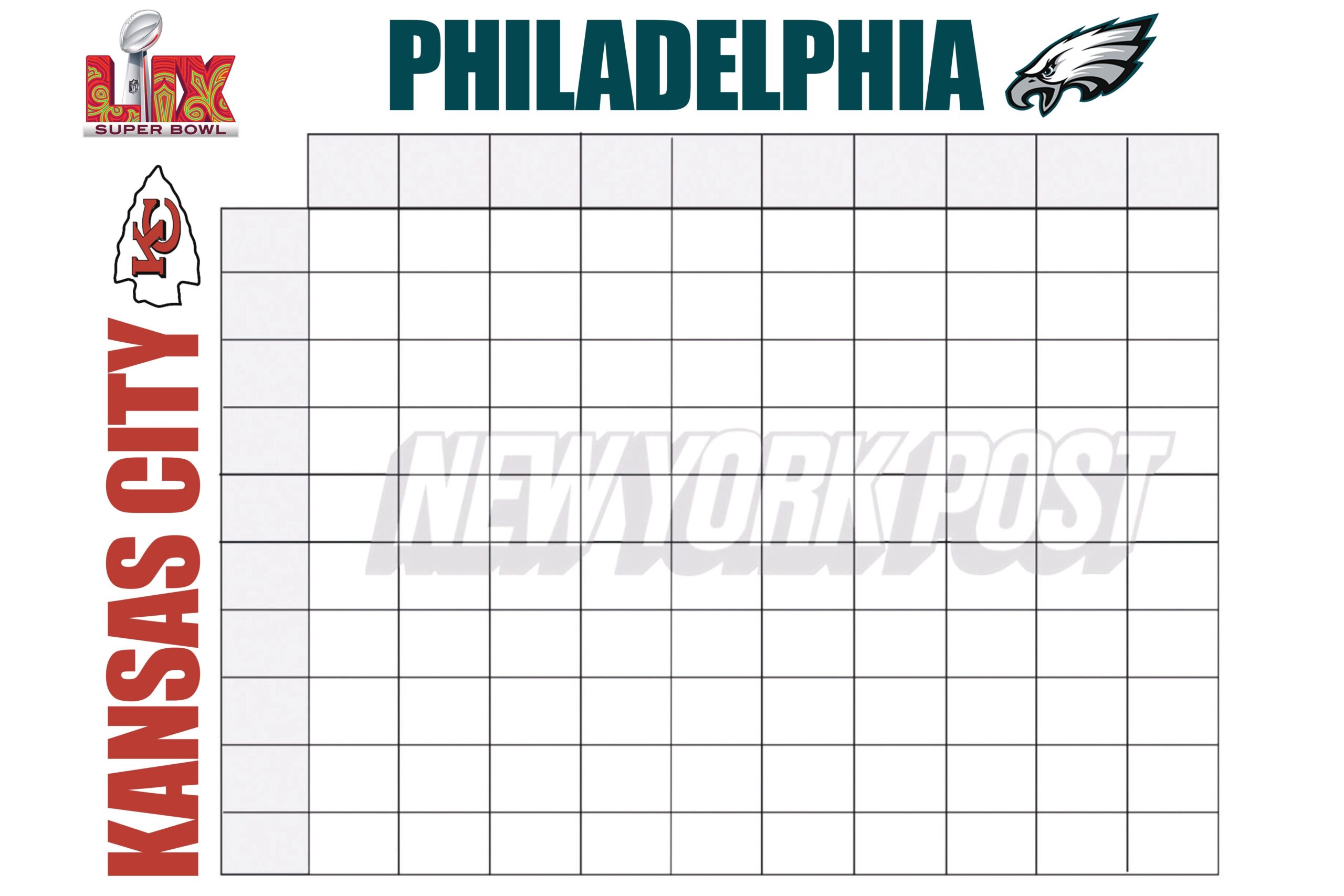 Super Bowl 2025 Squares Printable Boxes Template For Chiefs Vs Eagles