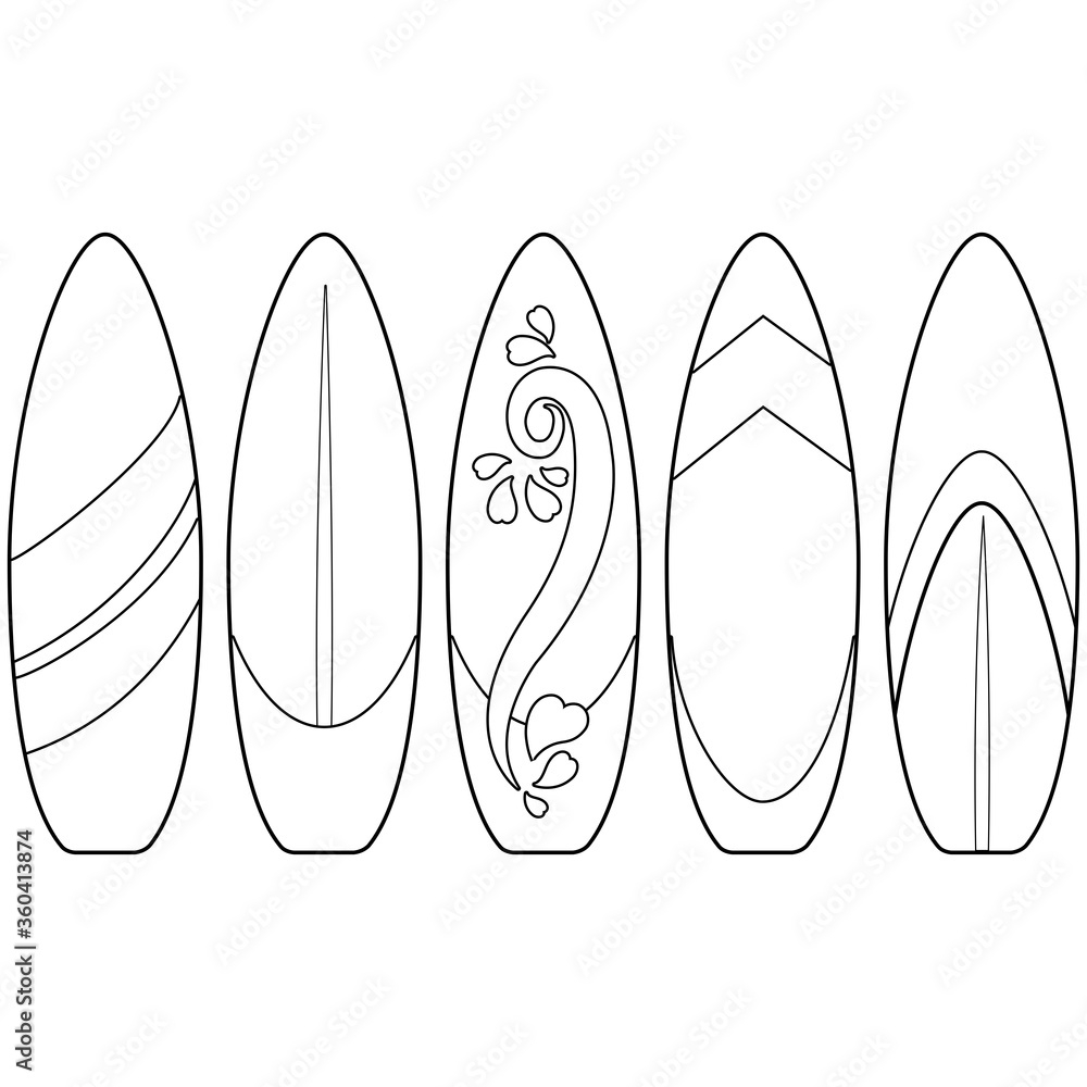 Surfboards Collection Vector Black And White Coloring Page Stock Vector Adobe Stock