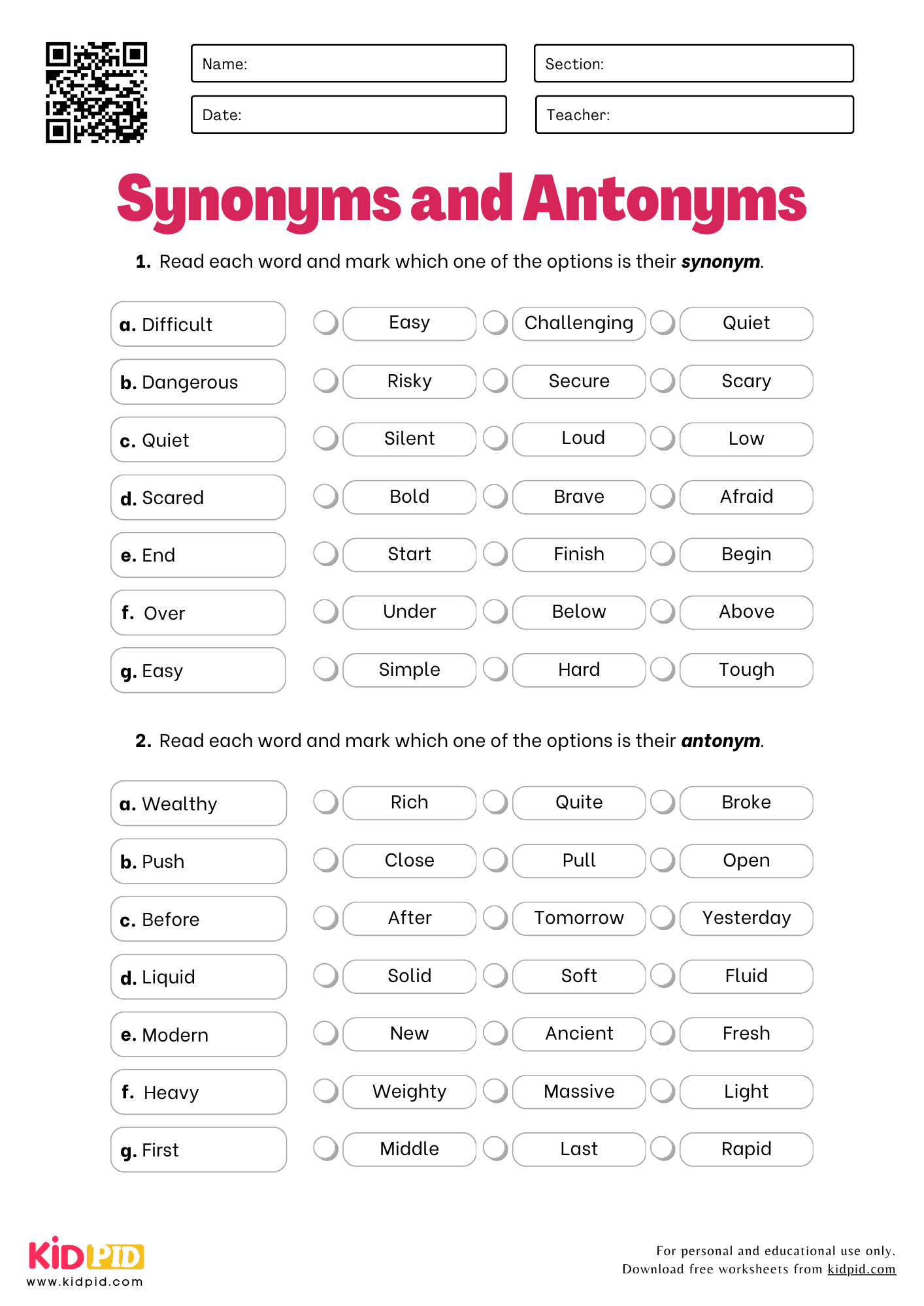 Synonyms And Antonyms Worksheets