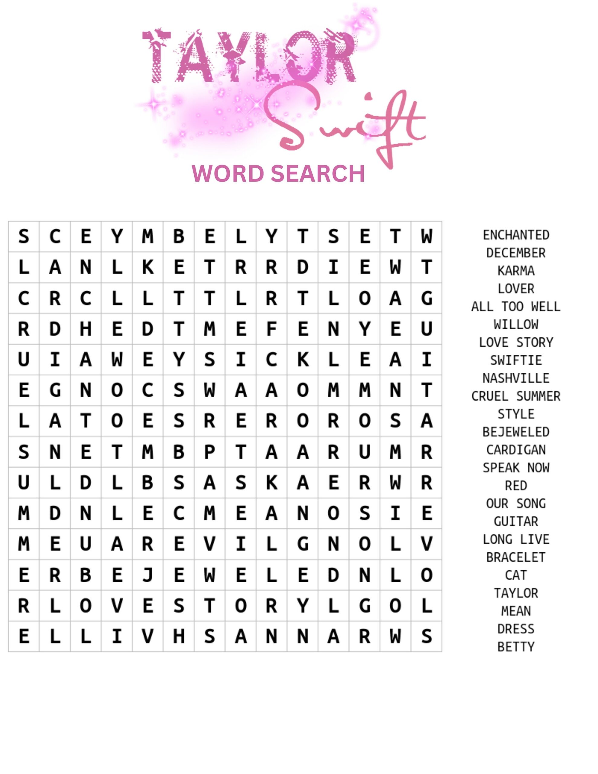 Taylor Swift Word Search