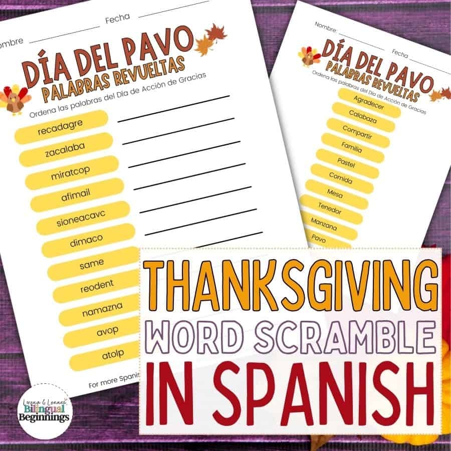 Thanksgiving Word Scramble Printable In Spanish Worksheet For Kids Bilingual Beginnings