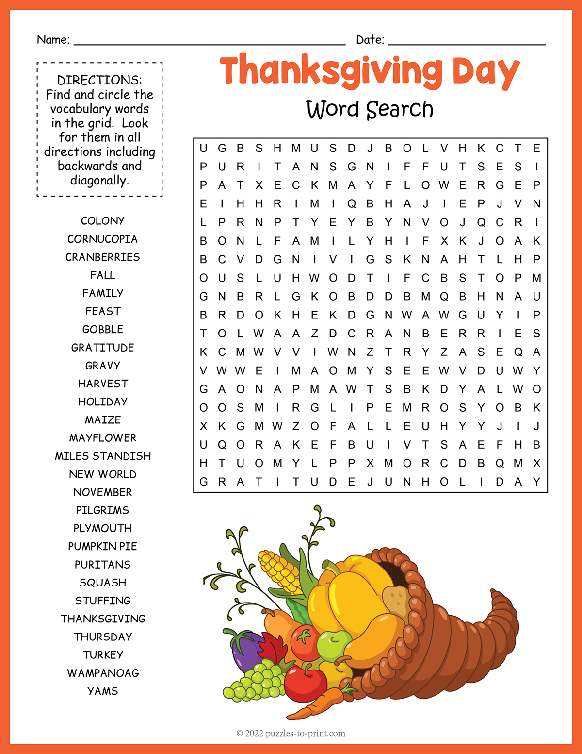 Printable Thanksgiving Word Search