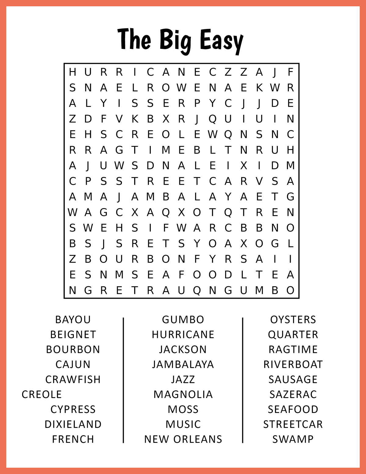 The Big Easy Word Search The Big Easy Word Search