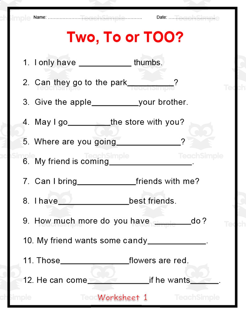 to too and two worksheet
