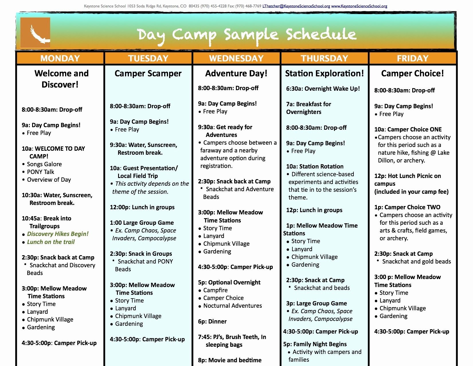 Traditional Summer Camp Daily Schedule Saadhosting