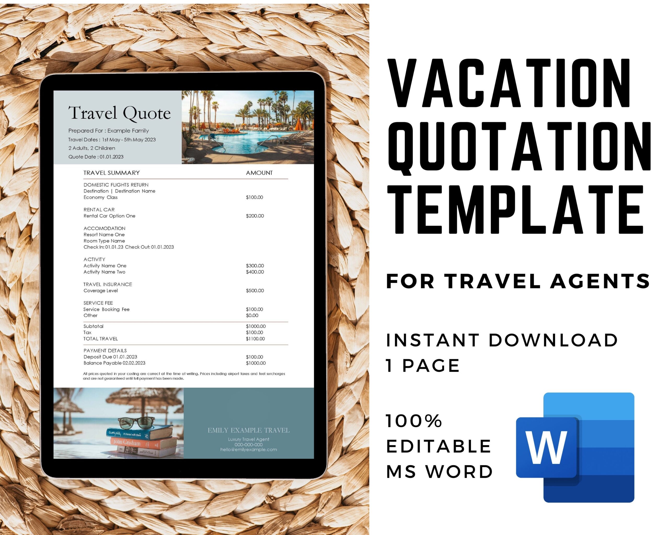 Travel Agent Quote Template Vacation Itinerary MS Word Etsy